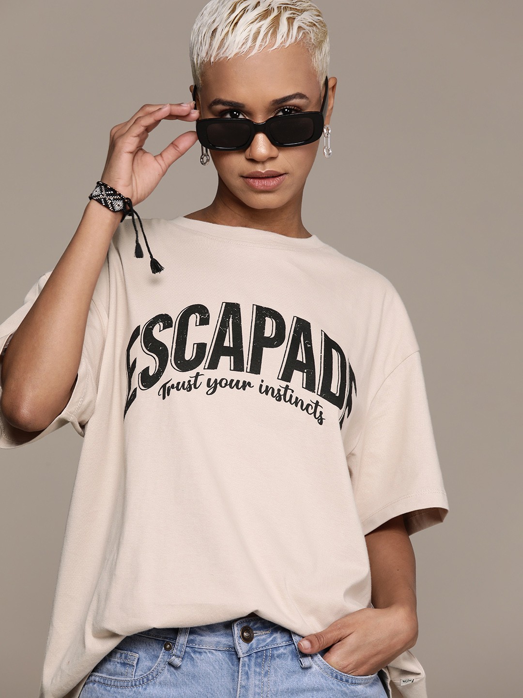 

The Roadster Lifestyle Co. Typography Printed Pure Cotton Boxy T-shirt, Beige