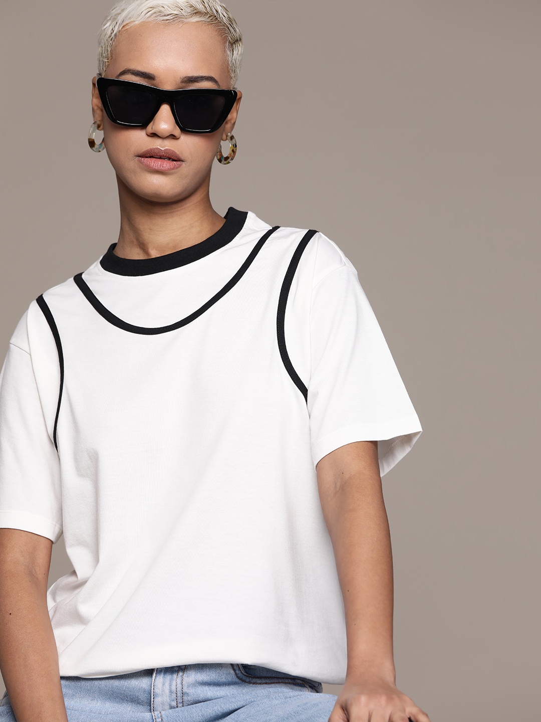 

The Roadster Lifestyle Co. Drop-Shoulder Sleeves Attached Racerback Relaxed T-shirt, White