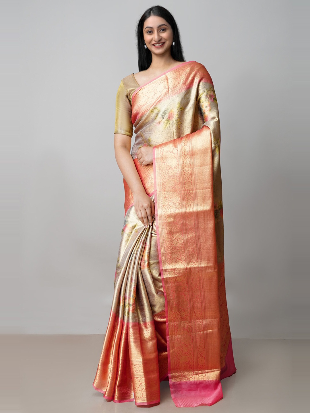 

Unnati Silks Woven Design Zari Silk Blend Banarasi Saree, Cream