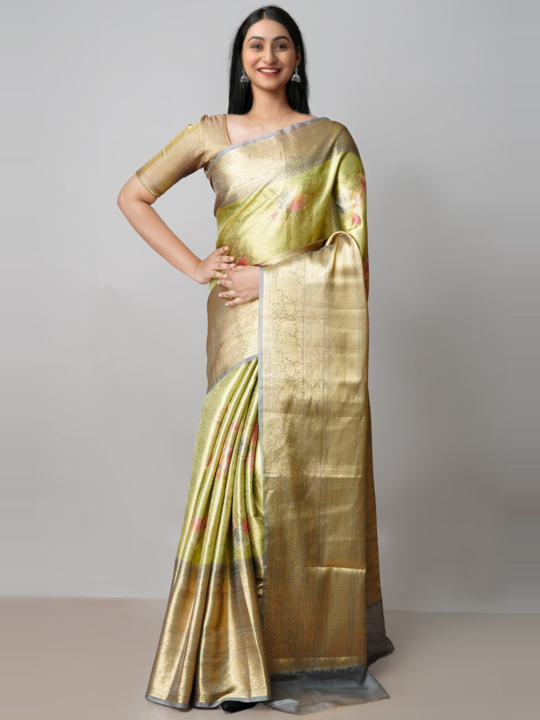 

Unnati Silks Woven Design Zari Silk Blend Banarasi Saree, Green