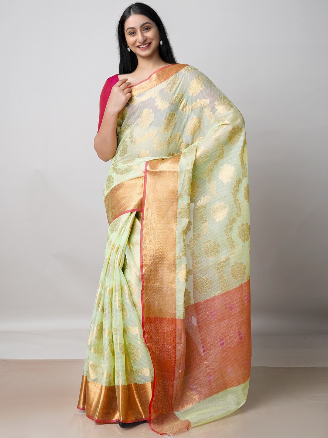 

Unnati Silks Woven Design Zari Pure Cotton Kota Saree, Green
