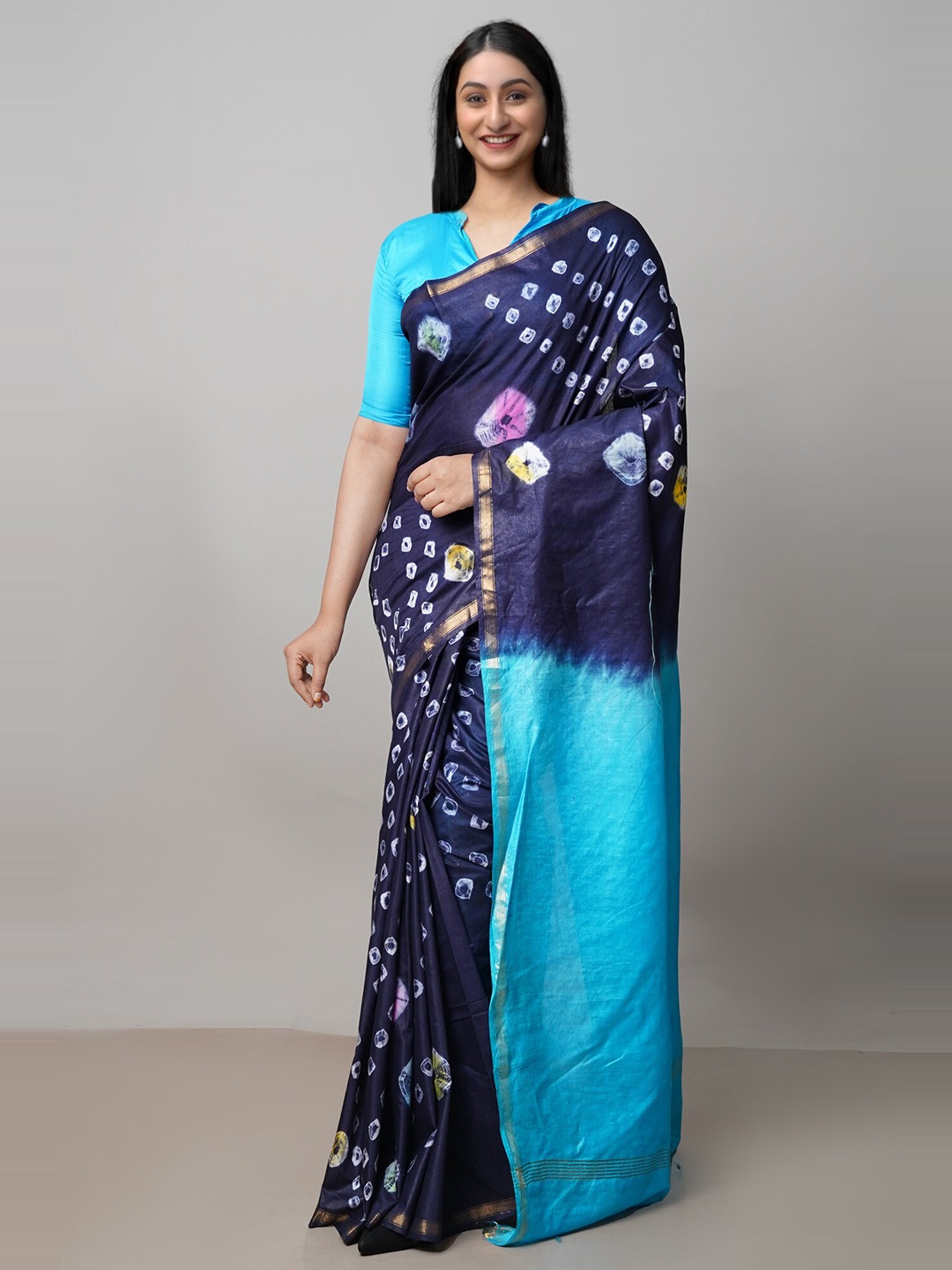 

Unnati Silks Bandhani Printed Zari Silk Cotton Chanderi Saree, Navy blue
