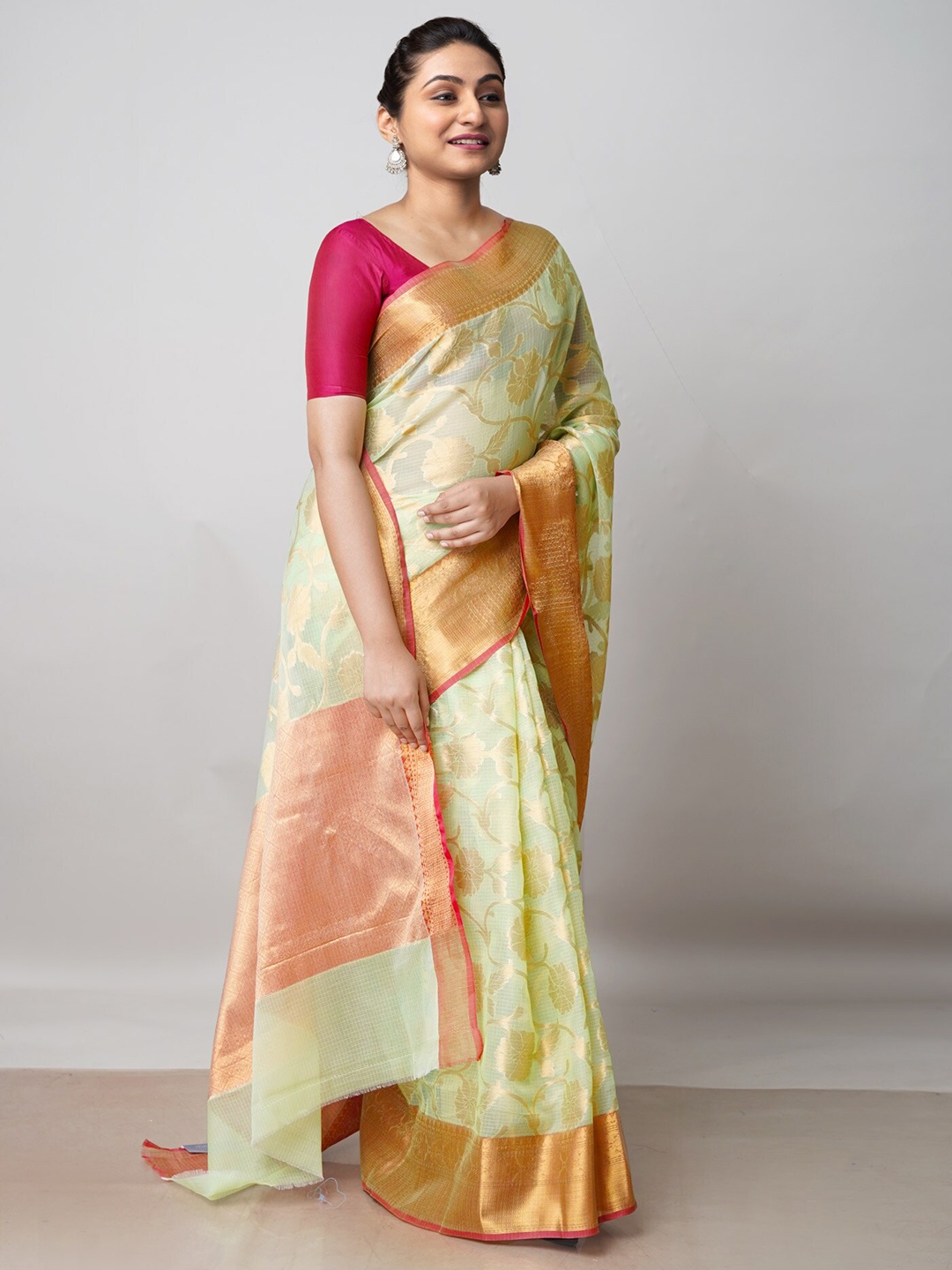 

Unnati Silks Woven Design Zari Pure Cotton Kota Saree, Green