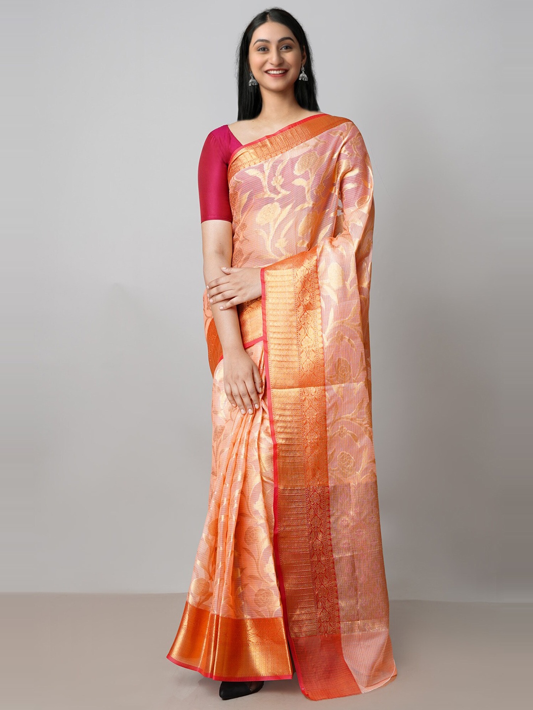 

Unnati Silks Woven Design Zari Pure Cotton Kota Saree, Orange
