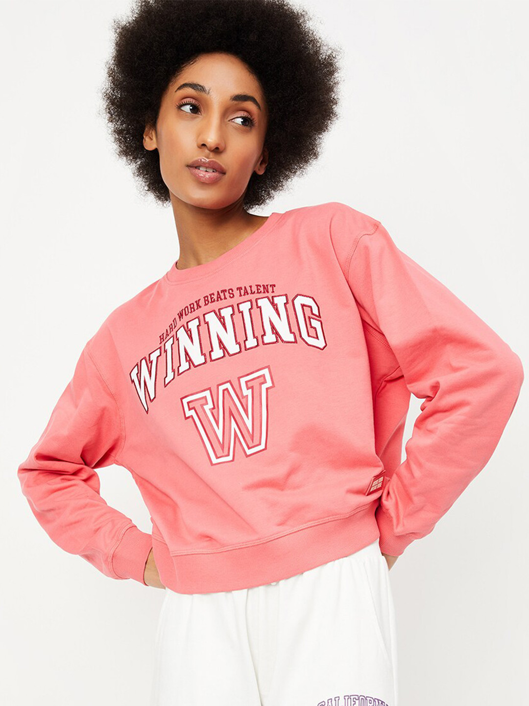 

max Women Typography Printed Cotton Sweatshirt, Coral