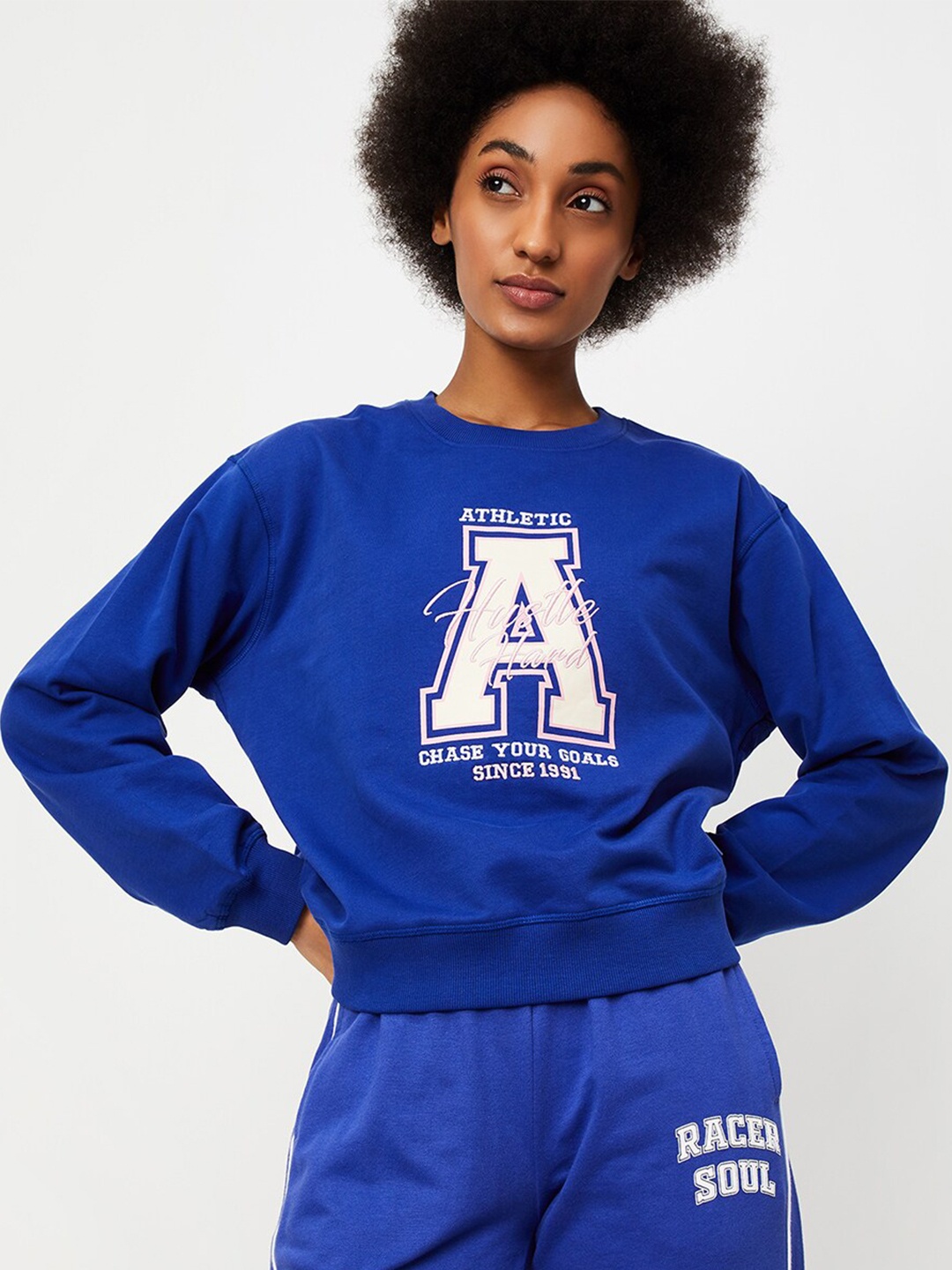 

max Women Typography Printed Cotton Sweatshirt, Blue