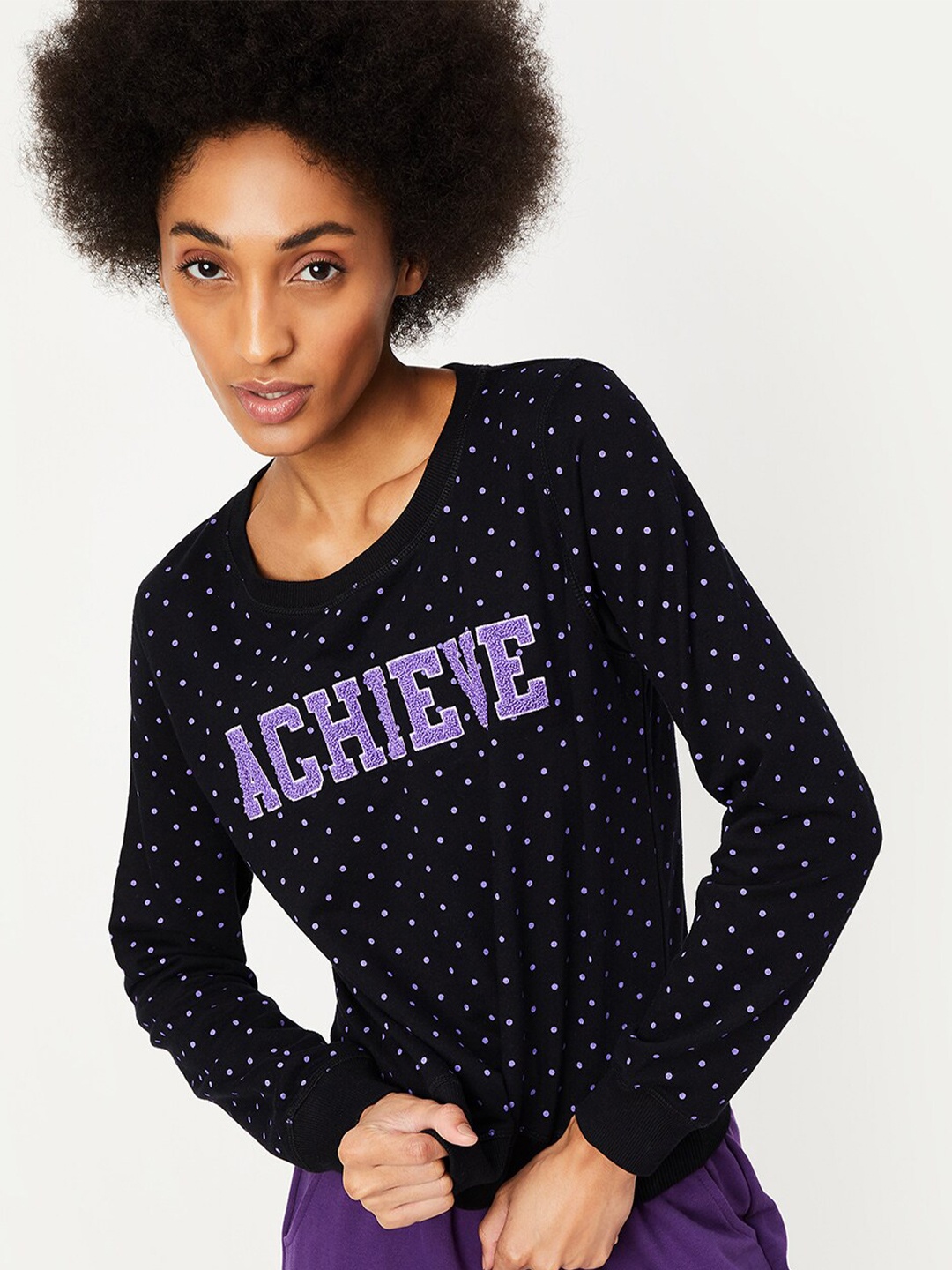 

max Women Polka Dot Printed Cotton Sweatshirt, Black