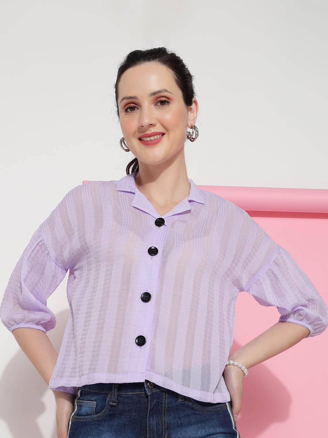 

J Turritopsis Classic Vertical Striped Cuban Collar Puff Sleeves Casual Shirt, Purple