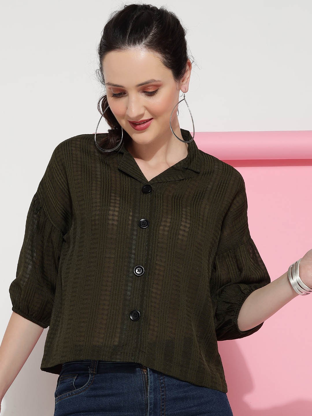 

J Turritopsis Classic Oversized Vertical Striped Cuban Collar Puff Sleeves Casual Shirt, Green