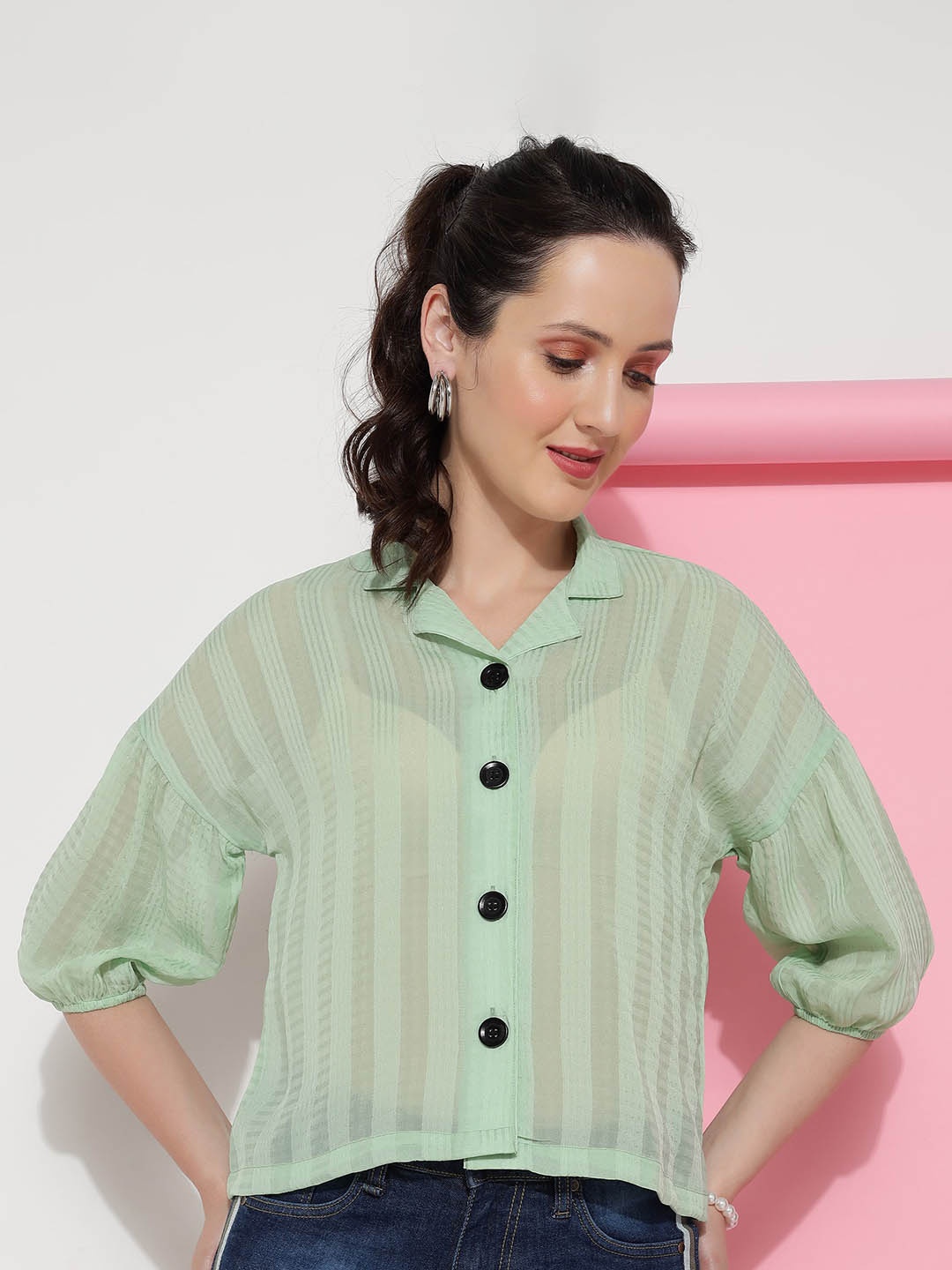 J Turritopsis Classic Oversized Vertical Striped Cuban Collar Puff Sleeves Casual Shirt, Green
