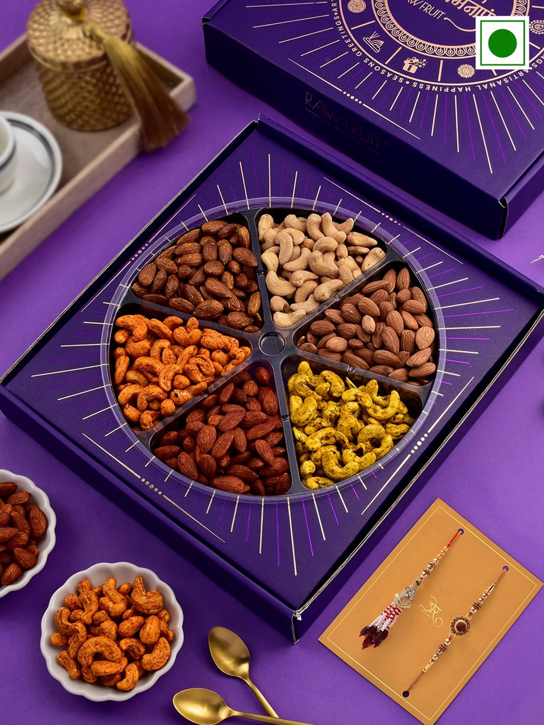 

RawFruit Roasted Nut Box With 2 Rakhi - 600g, Purple