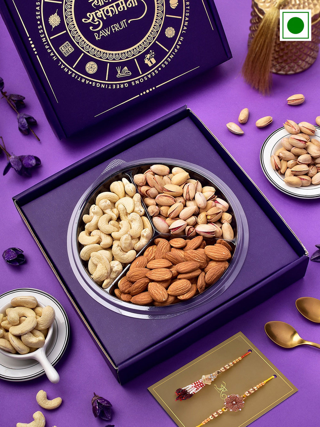 

RawFruit Cashew Almond And Pista With Bhai Bhabhi Rakhi 300gms, Red