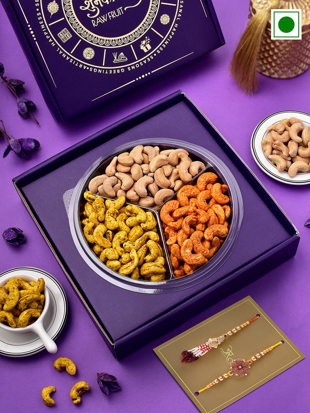 

RawFruit Roasted Cashew With 2 Bhai Bhabhi Rakhis 300g, Gold