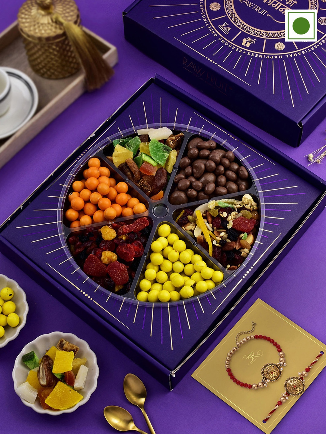 

RawFruit Set Of 2 Studded-Stones & Beaded Rakhi With Choco-Nut Treat Gift, Gold