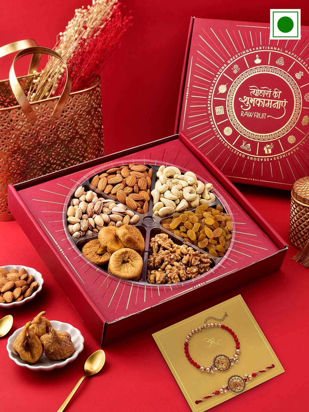 

RawFruit Basic Nut Treat With Bhai Bhabhi Rakhi 900gms, Red
