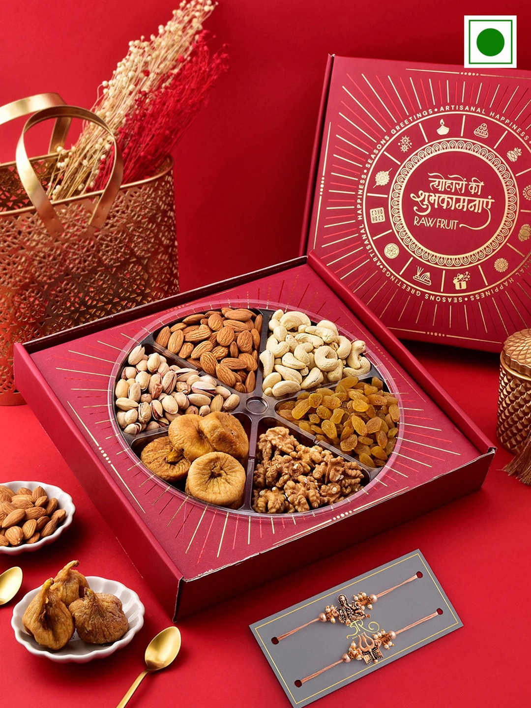 

RawFruit Dryfruits Box With 2 Rakhi - 600g, Red