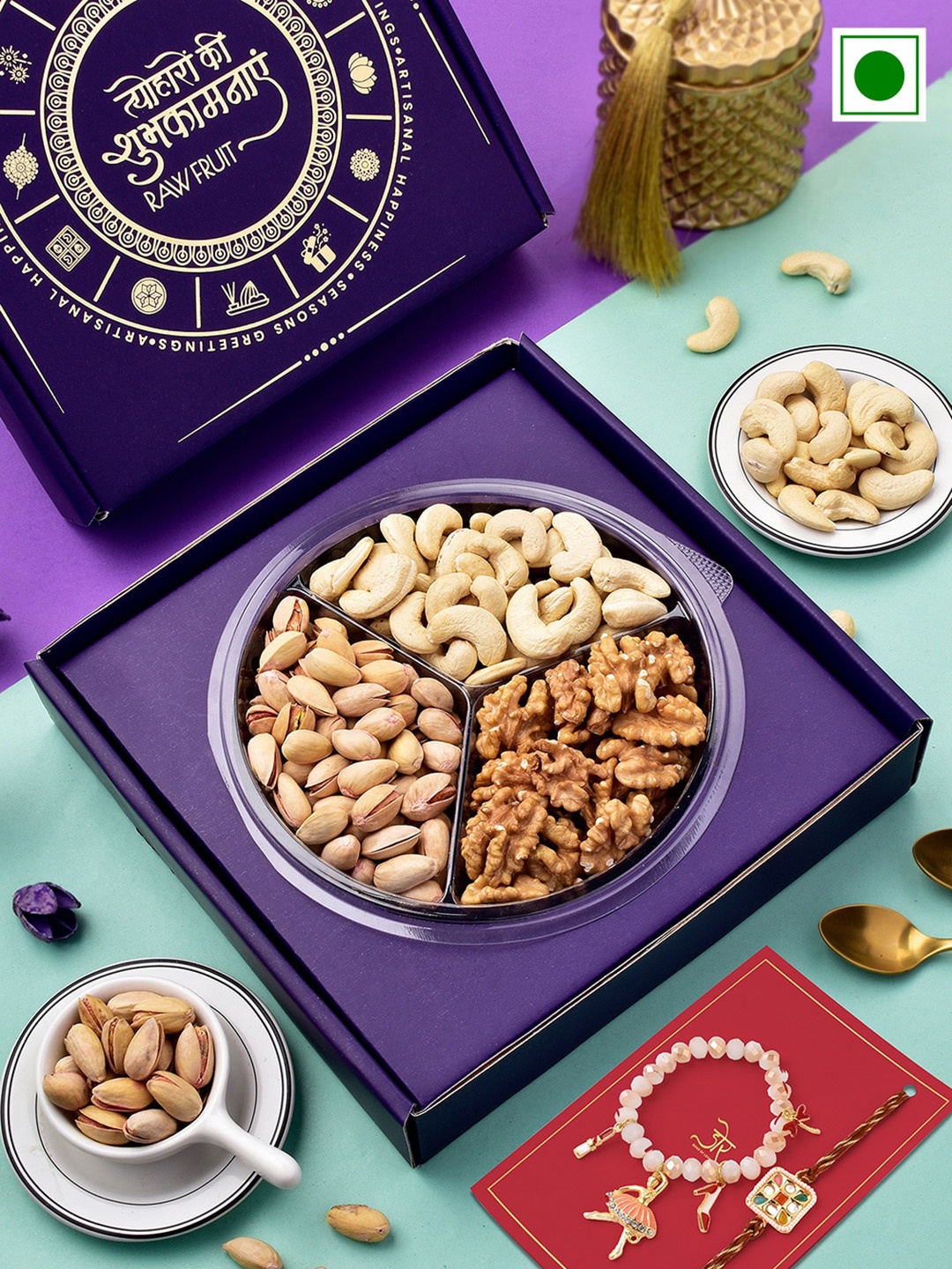 

RawFruit Cashew Pista Walnut With 2 Bhai Bhabhi Rakhis 300g, Cream