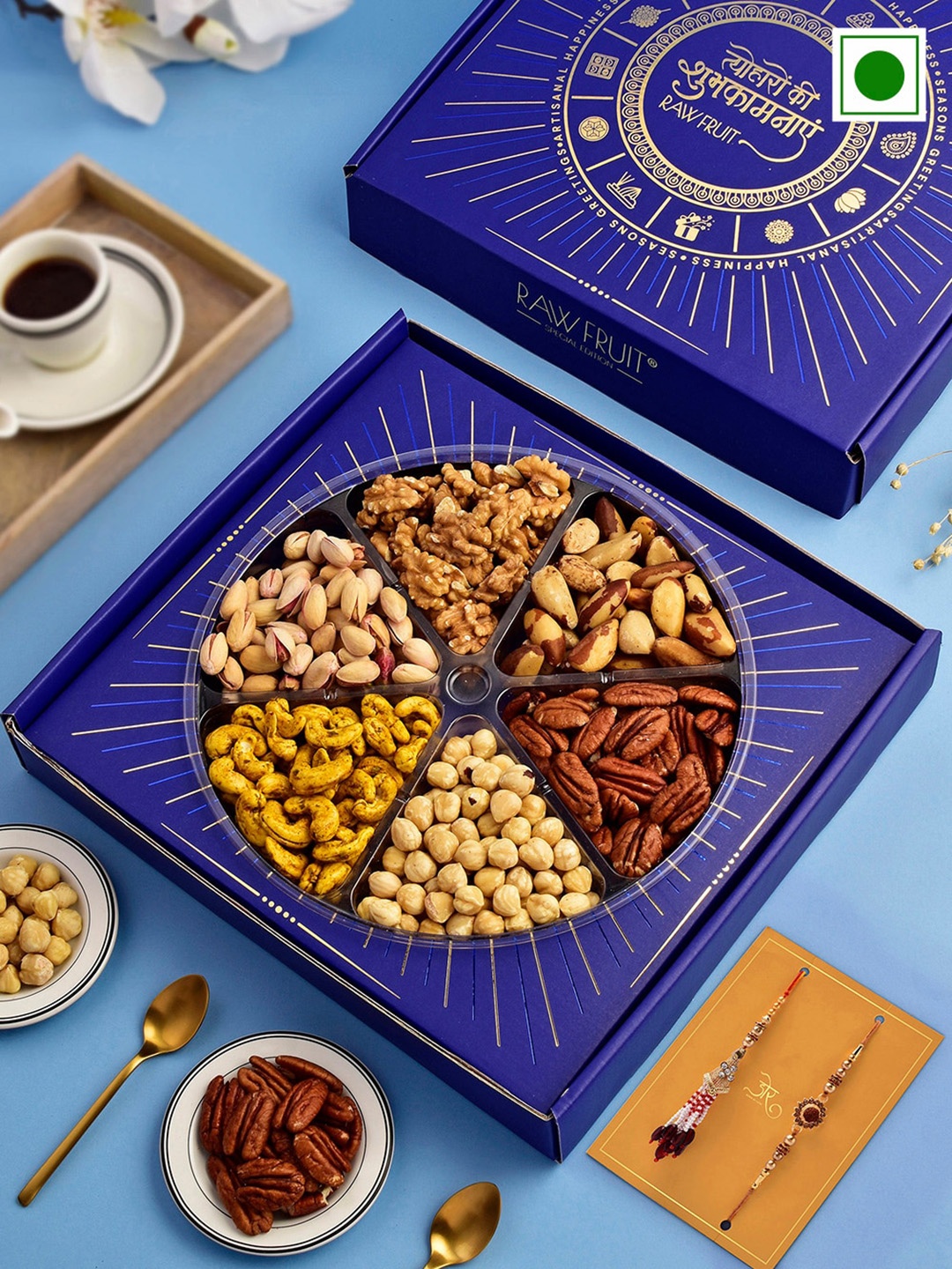 

RawFruit Premium Nut Treat With 2 Bhai Bhabhi Rakhis 590g, Gold