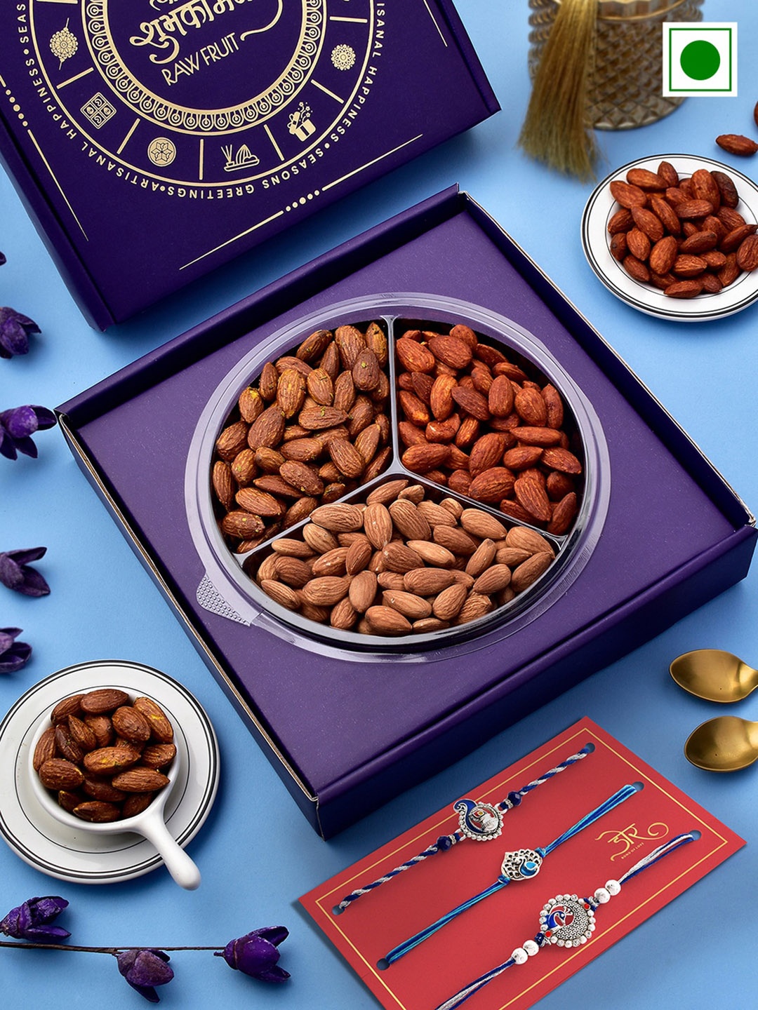 

RawFruit Roasted Almond With 3 Rakhis-100 gms Each, Purple