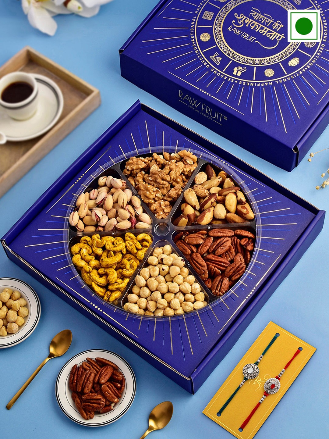 

RawFruit Premium Nuts Treat Gift With 2 Rakhis, Silver