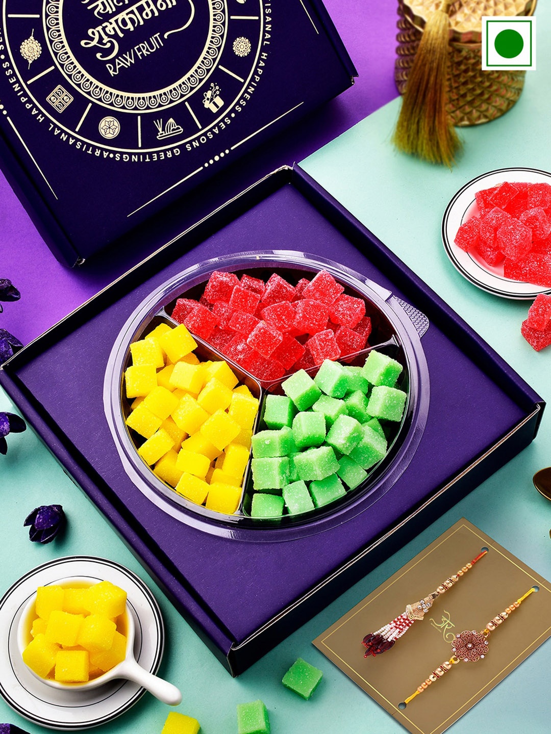 

RawFruit Set Of 2 Stone-Studded Rakhis With Fruit Jelly Gift Pac- 100g Each, Gold