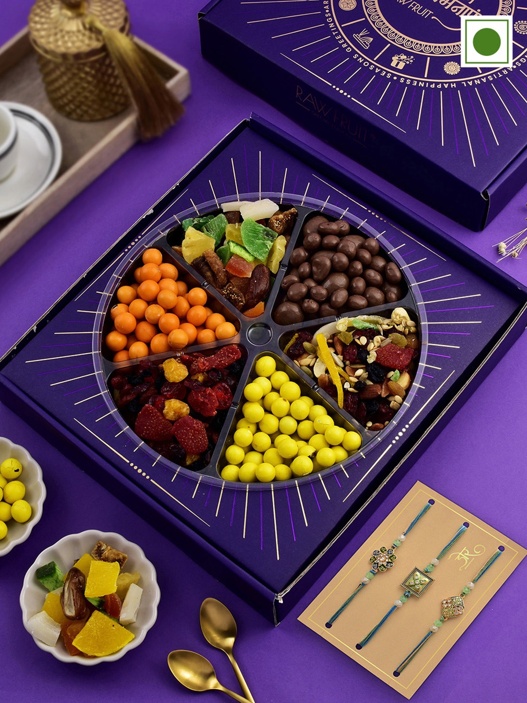 

RawFruit Chocolate Coated Nuts And Dry Fruits With 3 Rakhis, Cream