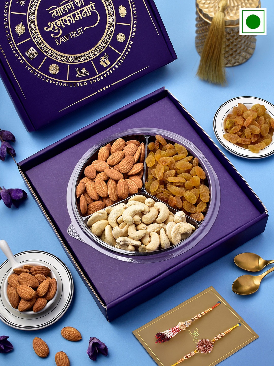 

RawFruit Cashew Almond Raisins With 2 Bhai Bhabhi Rakhi 300gms, Gold
