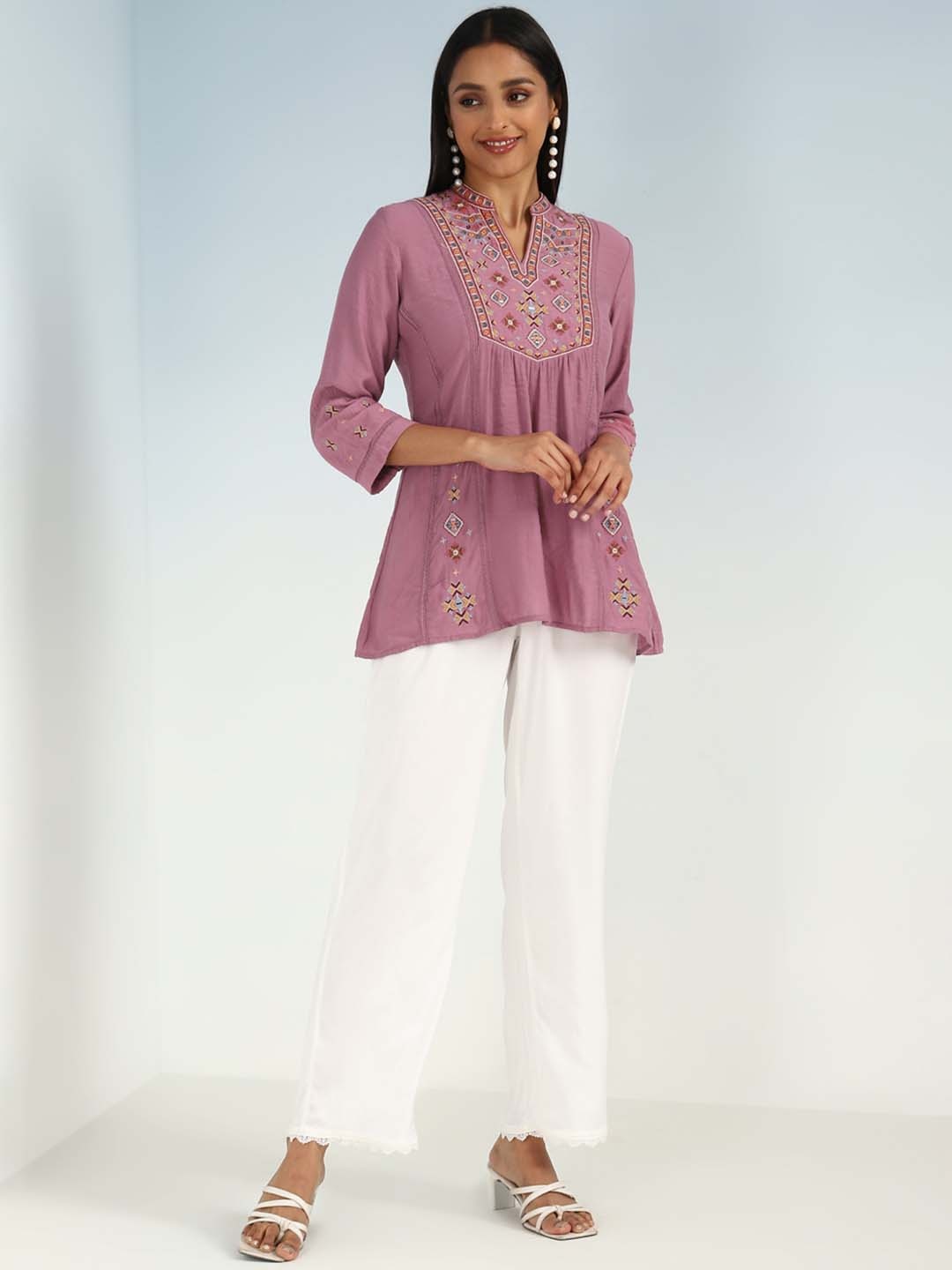 

Lakshita Pink & Brown Viscose Rayon Mandarin Collar Embroidered Ethnic Tunic