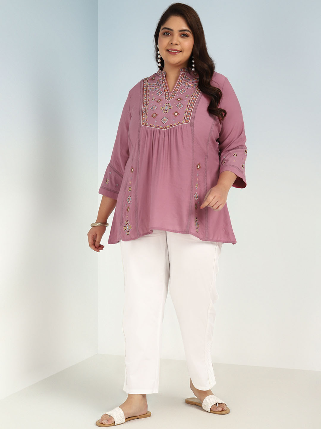 

Lakshita Plus Size Mandarin Collar Embroidered Ethnic Tunic, Pink