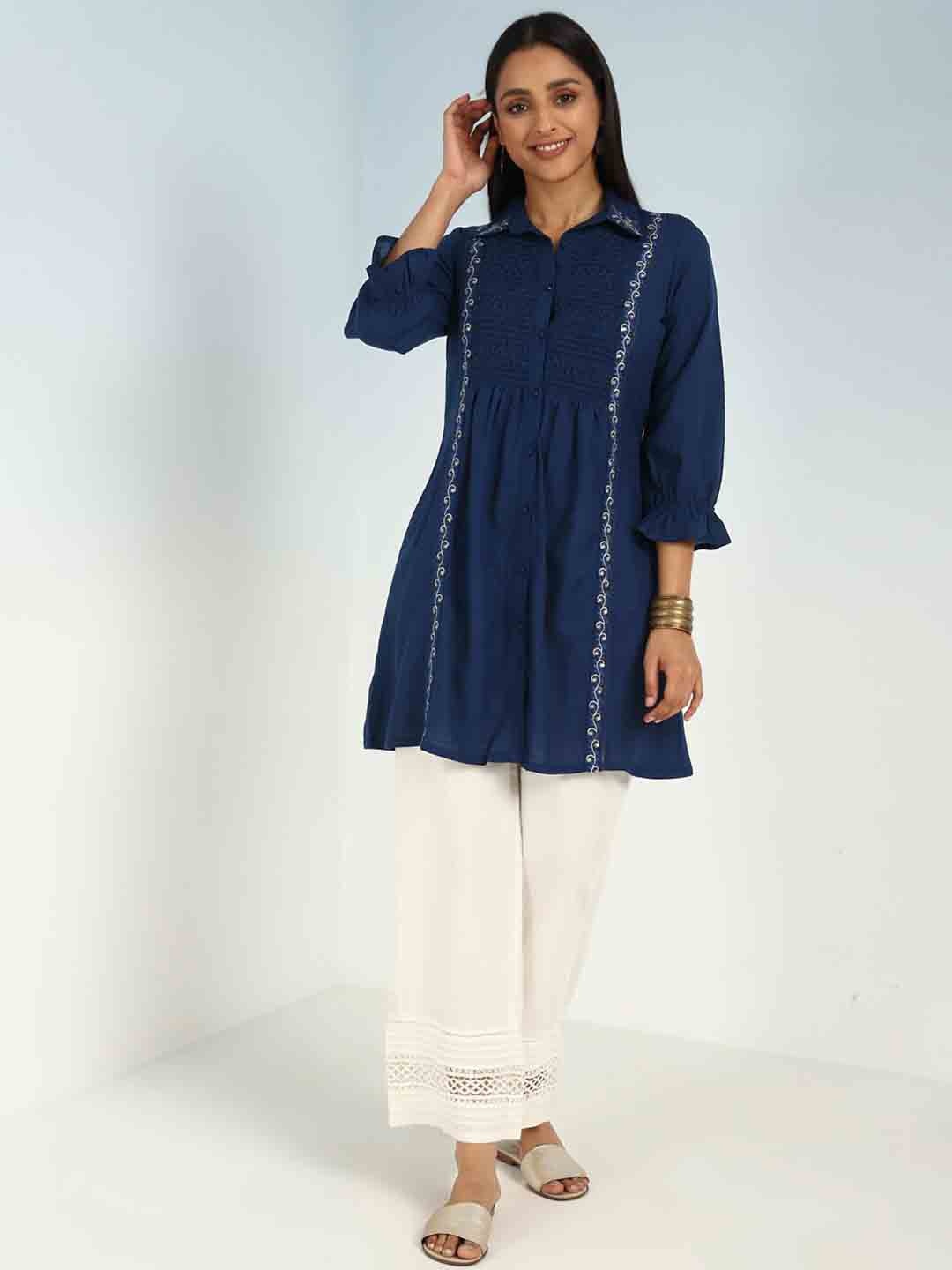 

Lakshita Shirt Collar Embroidered Tunic, Navy blue