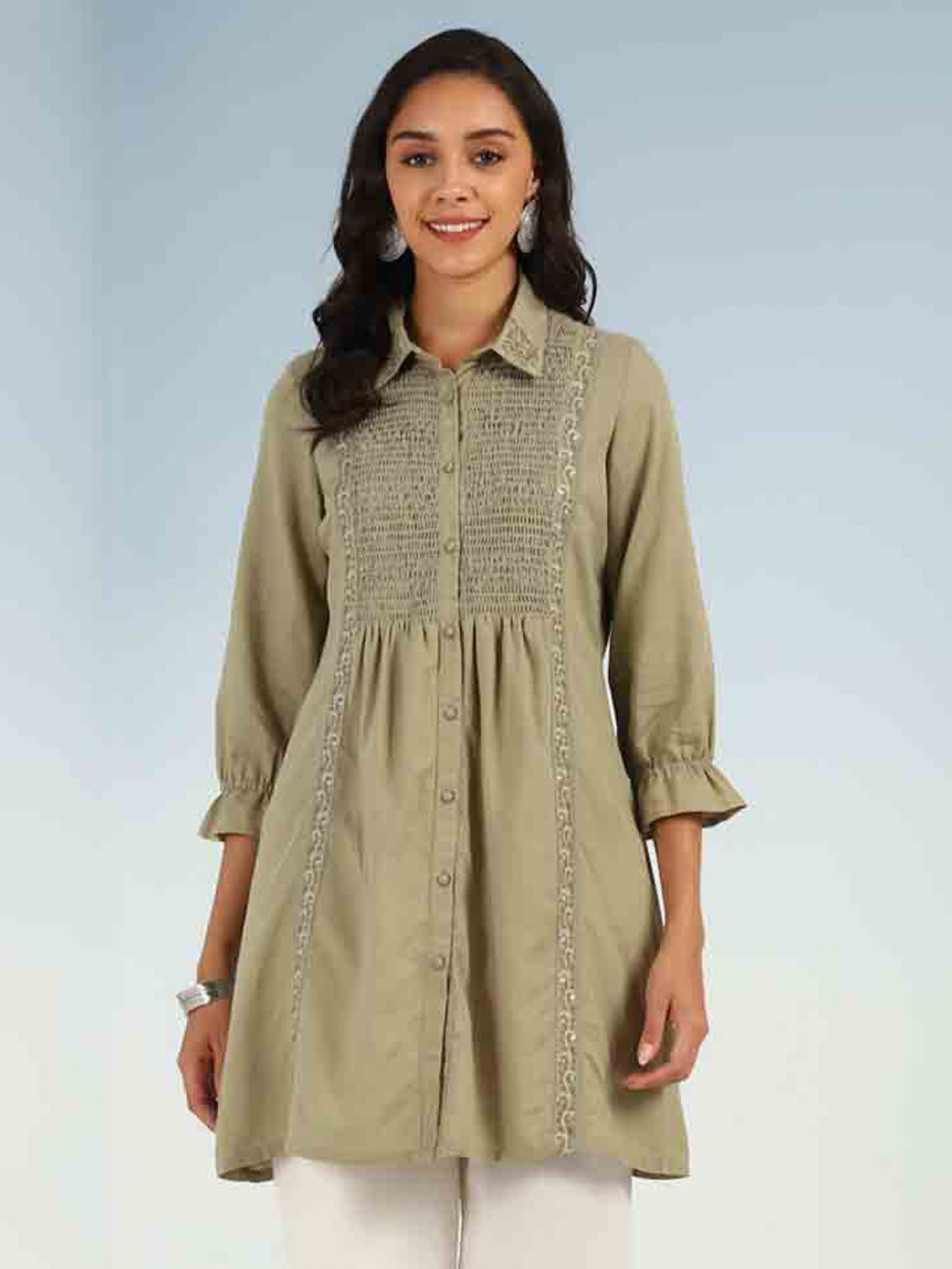 

Lakshita Green Shirt Collar Embroidered Tunic