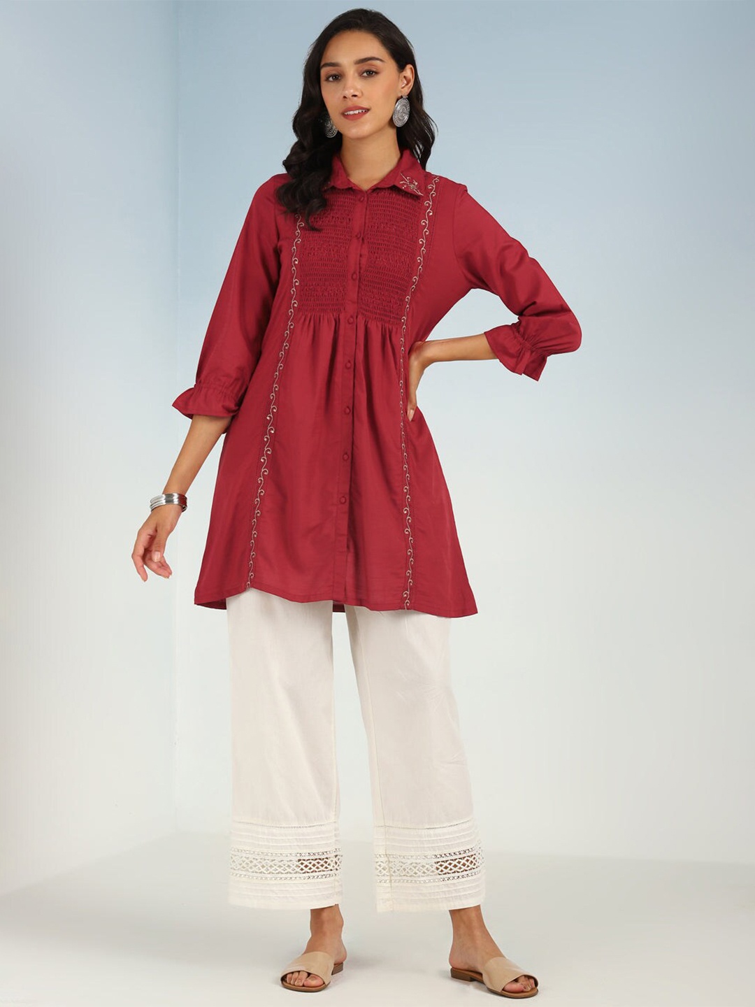 

Lakshita Shirt Collar Embroidered Tunic, Red
