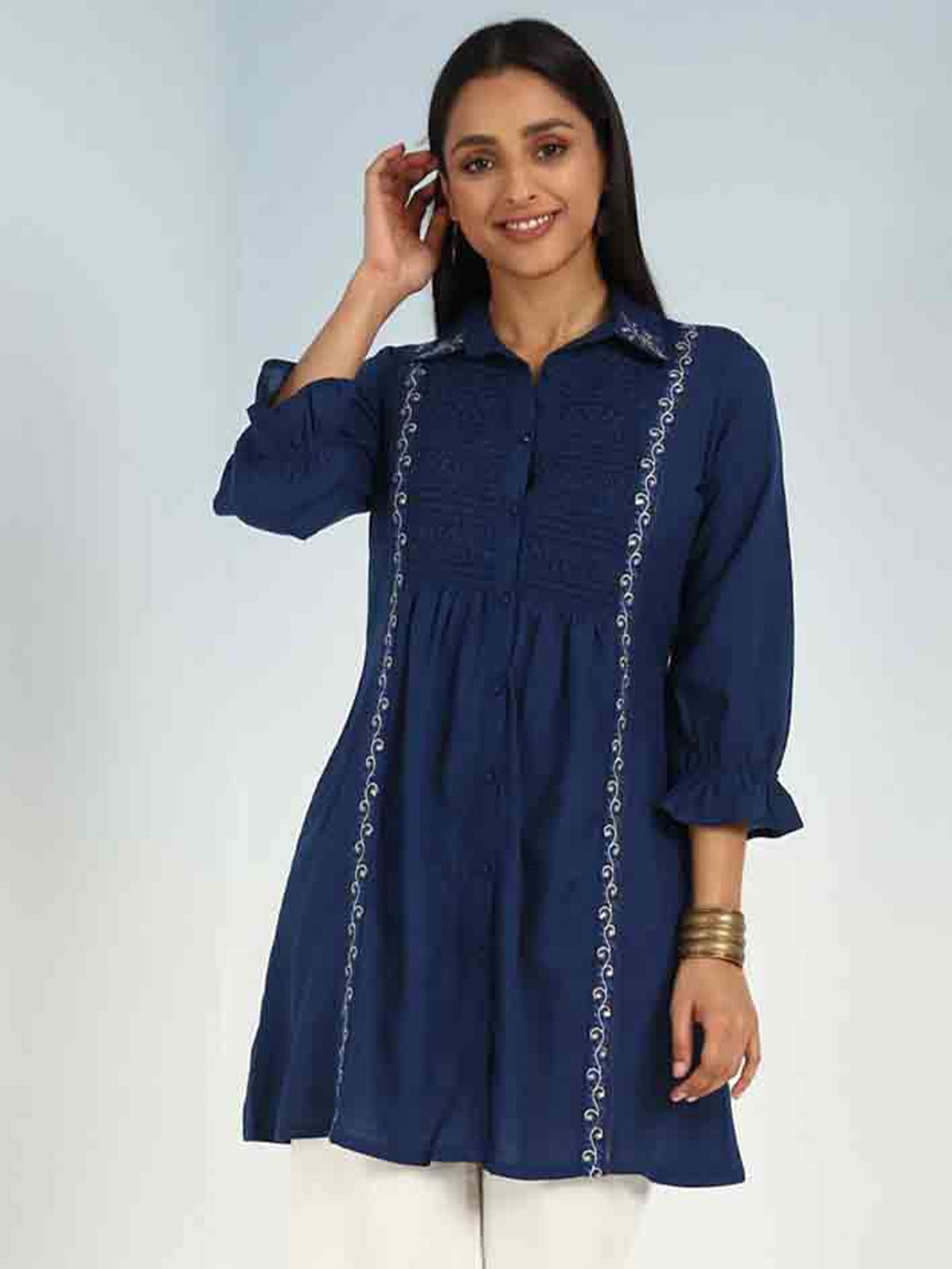 

Lakshita Shirt Collar Embroidered Tunic, Navy blue