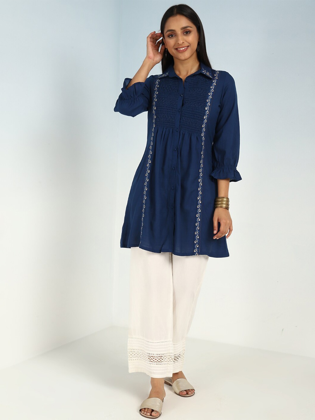 

Lakshita Shirt Collar Smocked Tunic, Navy blue