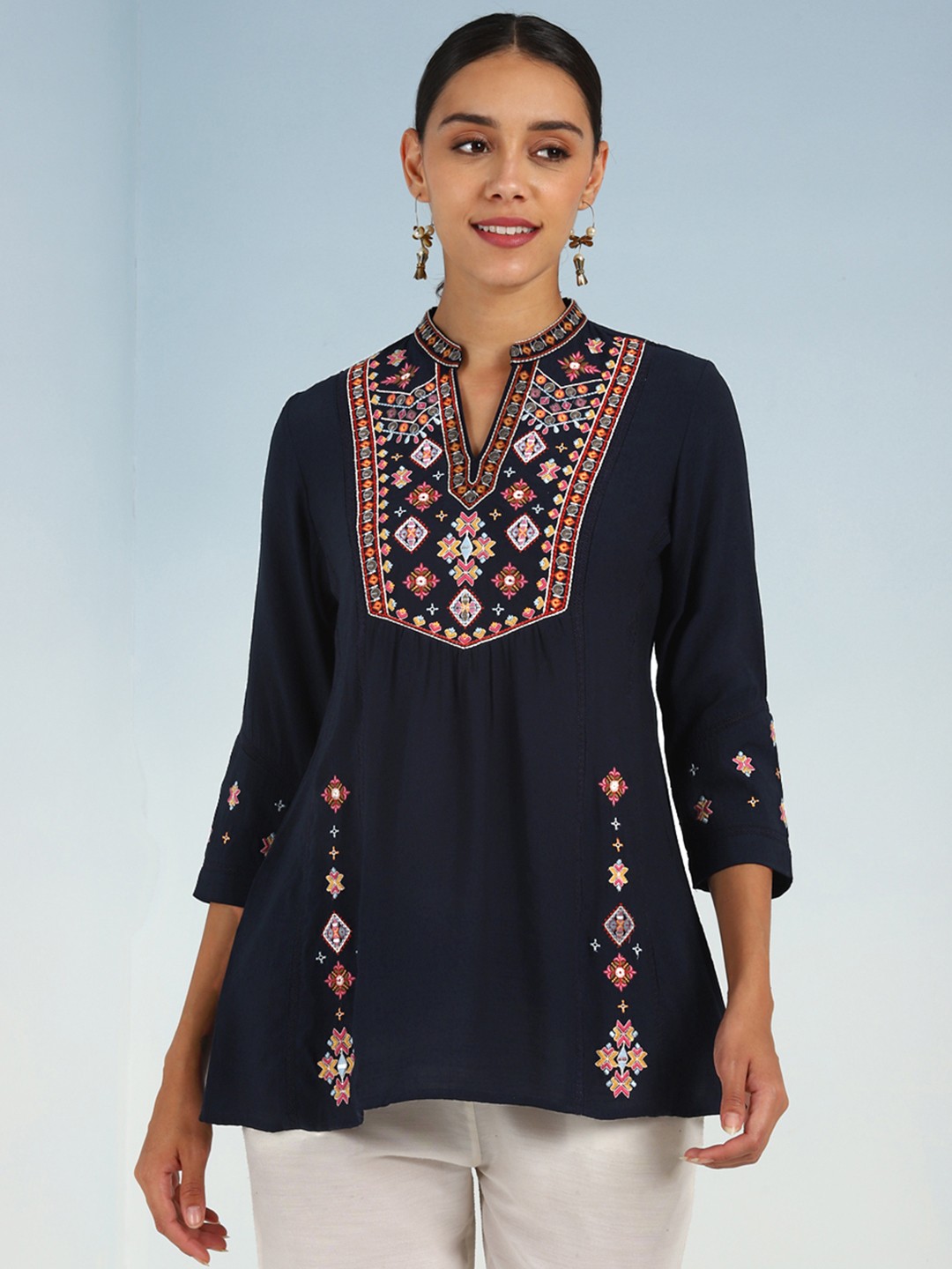 

Lakshita Mandarin Collar Embroidered Ethnic Tunic, Navy blue