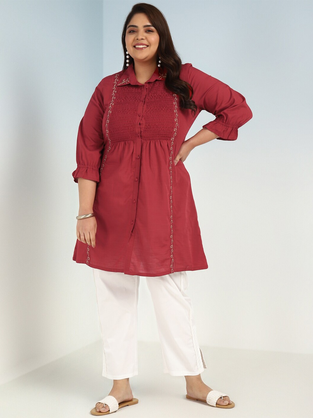 

Lakshita Plus Size Shirt Collar Embroidered Tunic, Red