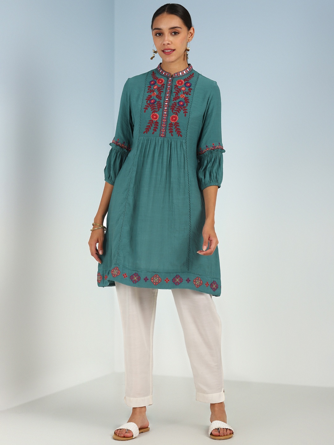 

Lakshita Teal & Red Viscose Rayon Mandarin Collar Embroidered Tunic