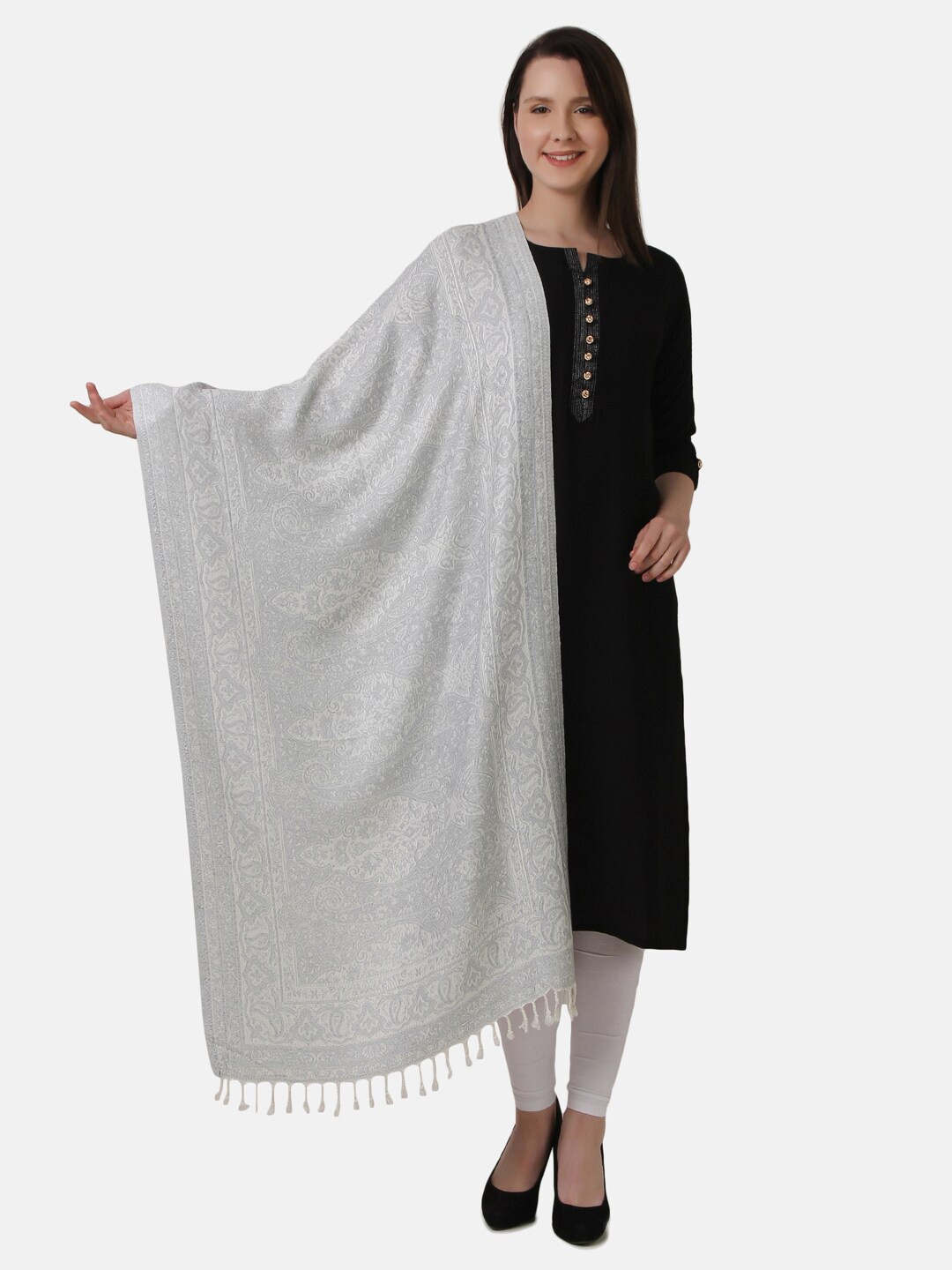 

EVAZ Floral Embroidered Woolen Shawl, Grey