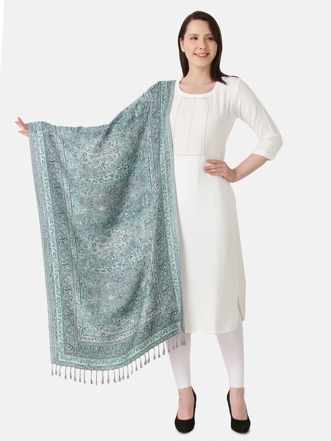 

EVAZ Floral Embroidered Woolen Shawl, Sea green