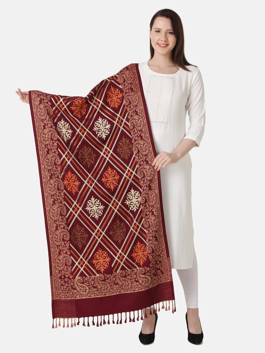 

EVAZ Ethnic Motifs Embroidered Woolen Shawl, Brown