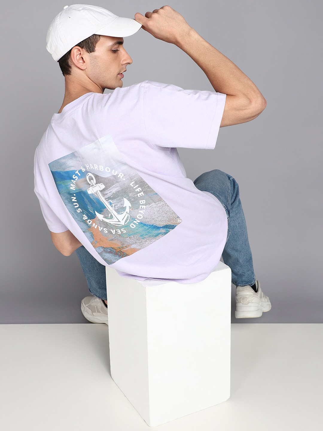 

Mast & Harbour Graphic Printed Pure Cotton Oversized T-shirt, Lavender