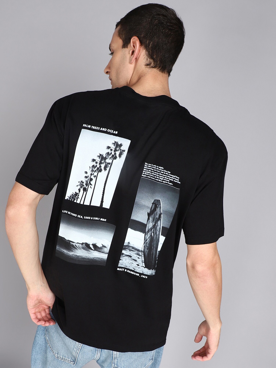 

Mast & Harbour Graphic Printed Pure Cotton Oversized T-shirt, Black