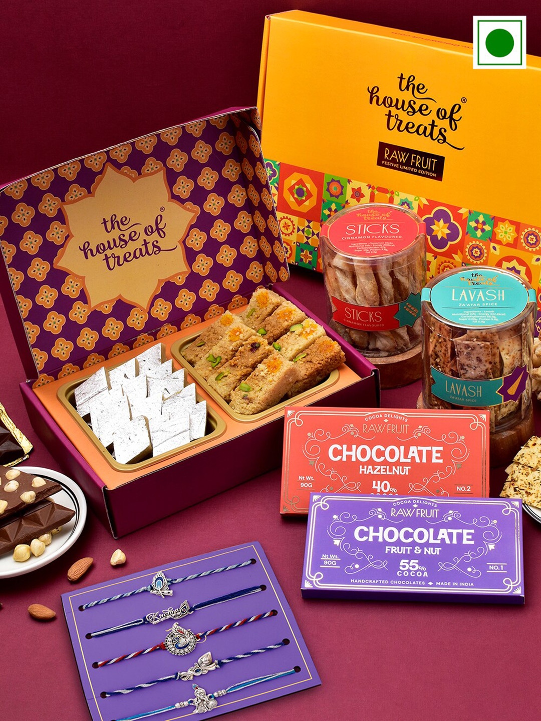 

RawFruit Set Of 5 Charm Rakhis With Snacks Chocolate & Sweets Gift Set, Silver