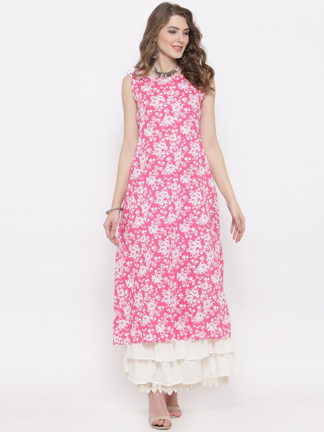 

Sera Women Pink & White Printed Kurta with Skirt