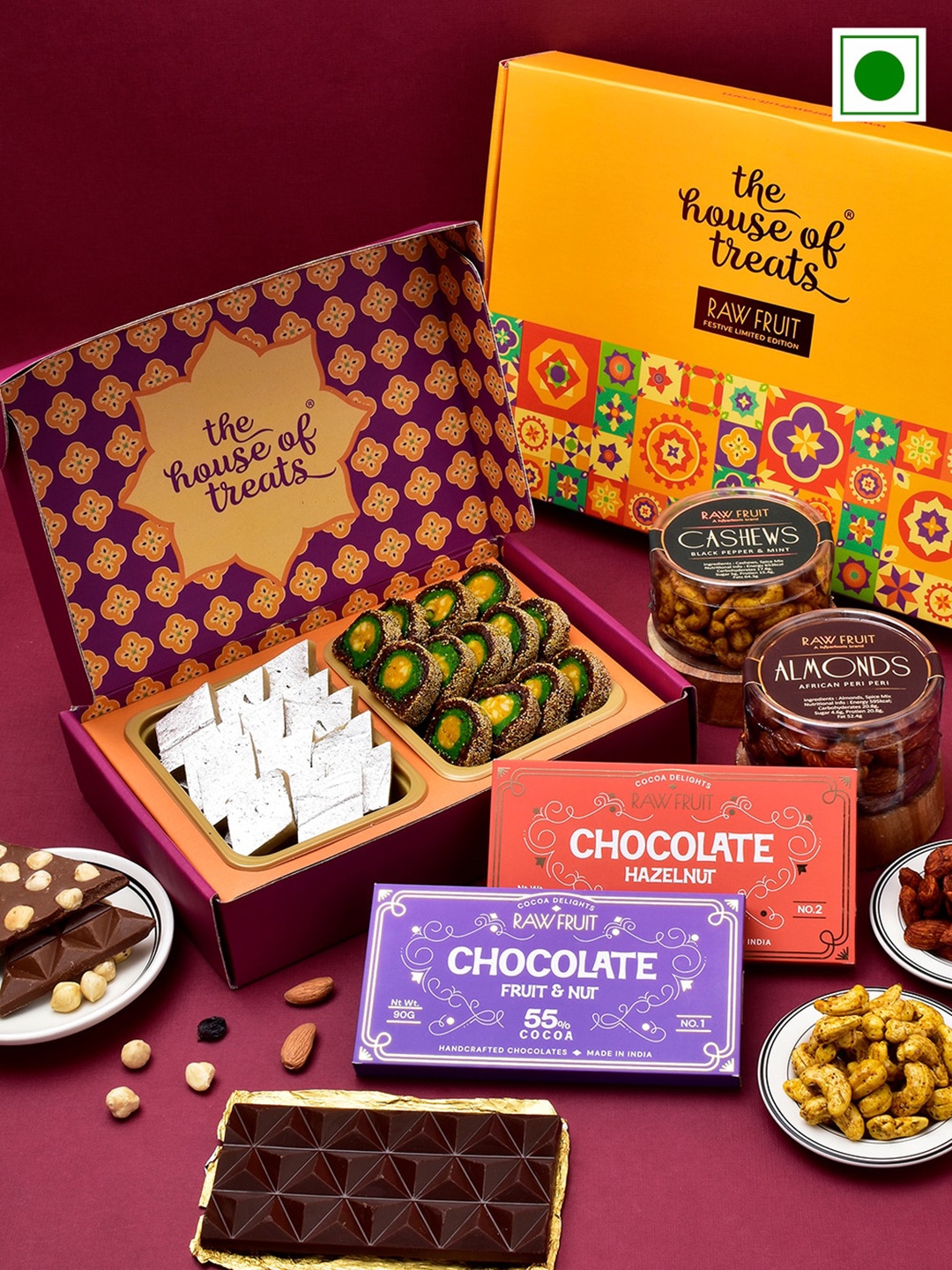 

RawFruit Chocolate Snacks And Dryfruit With 3 Rakhis, Gold