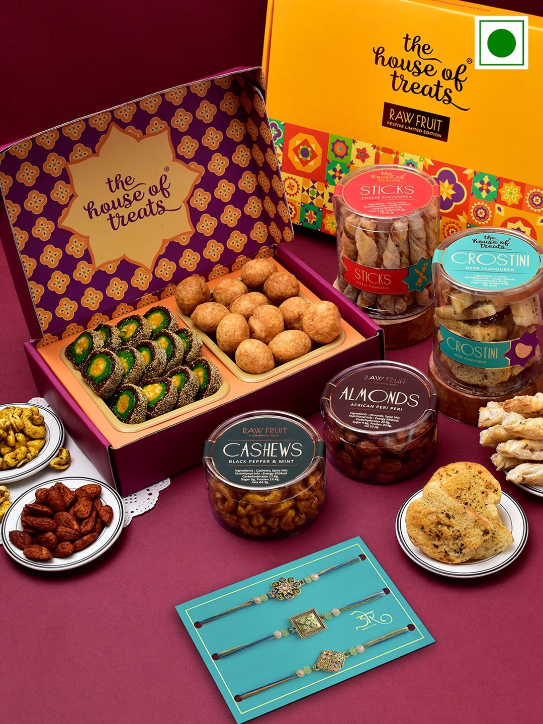 

RawFruit Snacks Sweets And Dryfruit with 3 Rakhi, Purple
