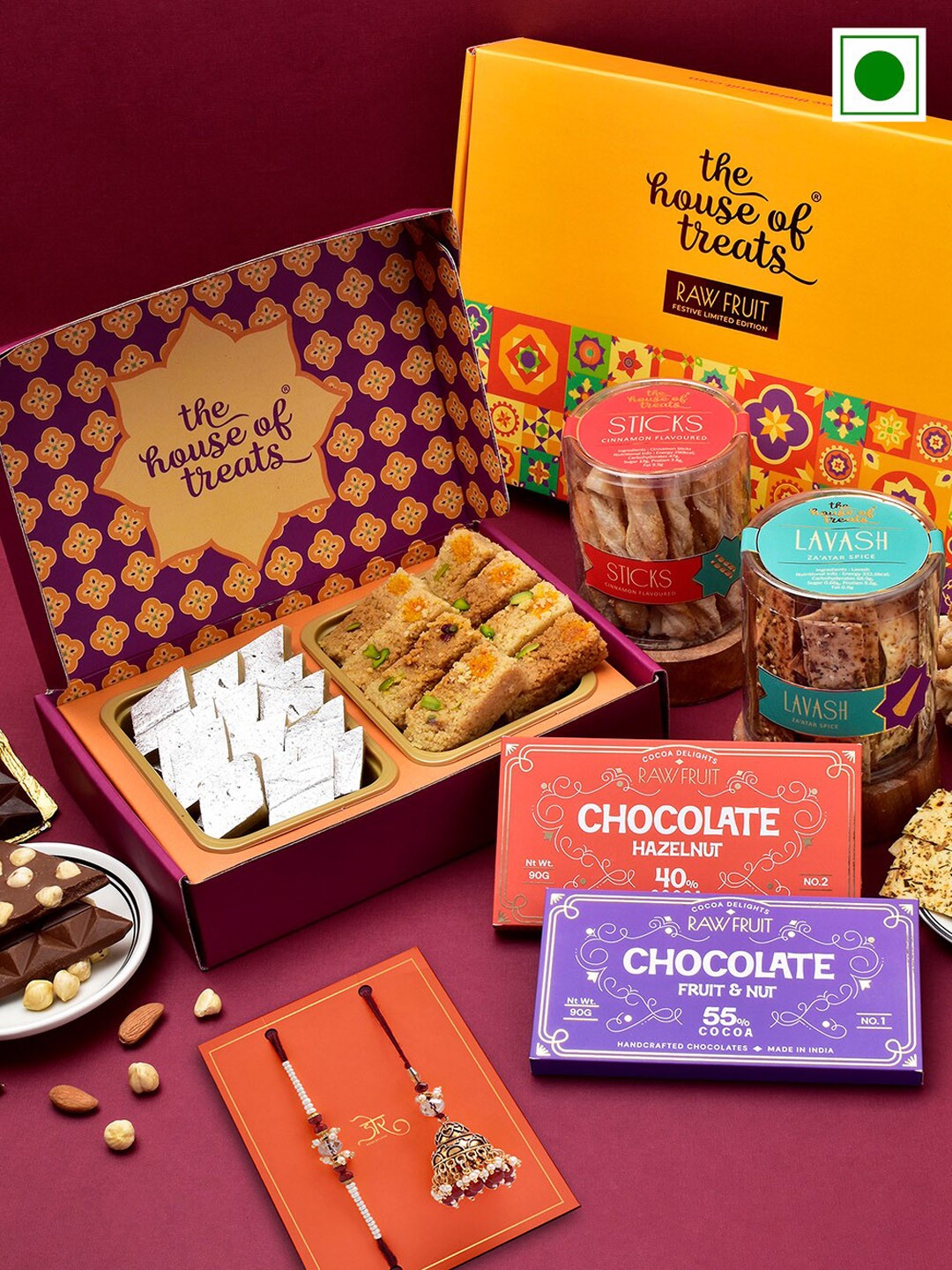 

RawFruit Set Of 2 Rakhis With Snacks & Assorted Gift Set, Gold