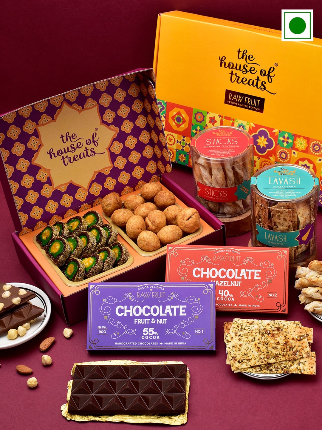

RawFruit Chocolate Sweets And Cookies With Rakhi, Gold