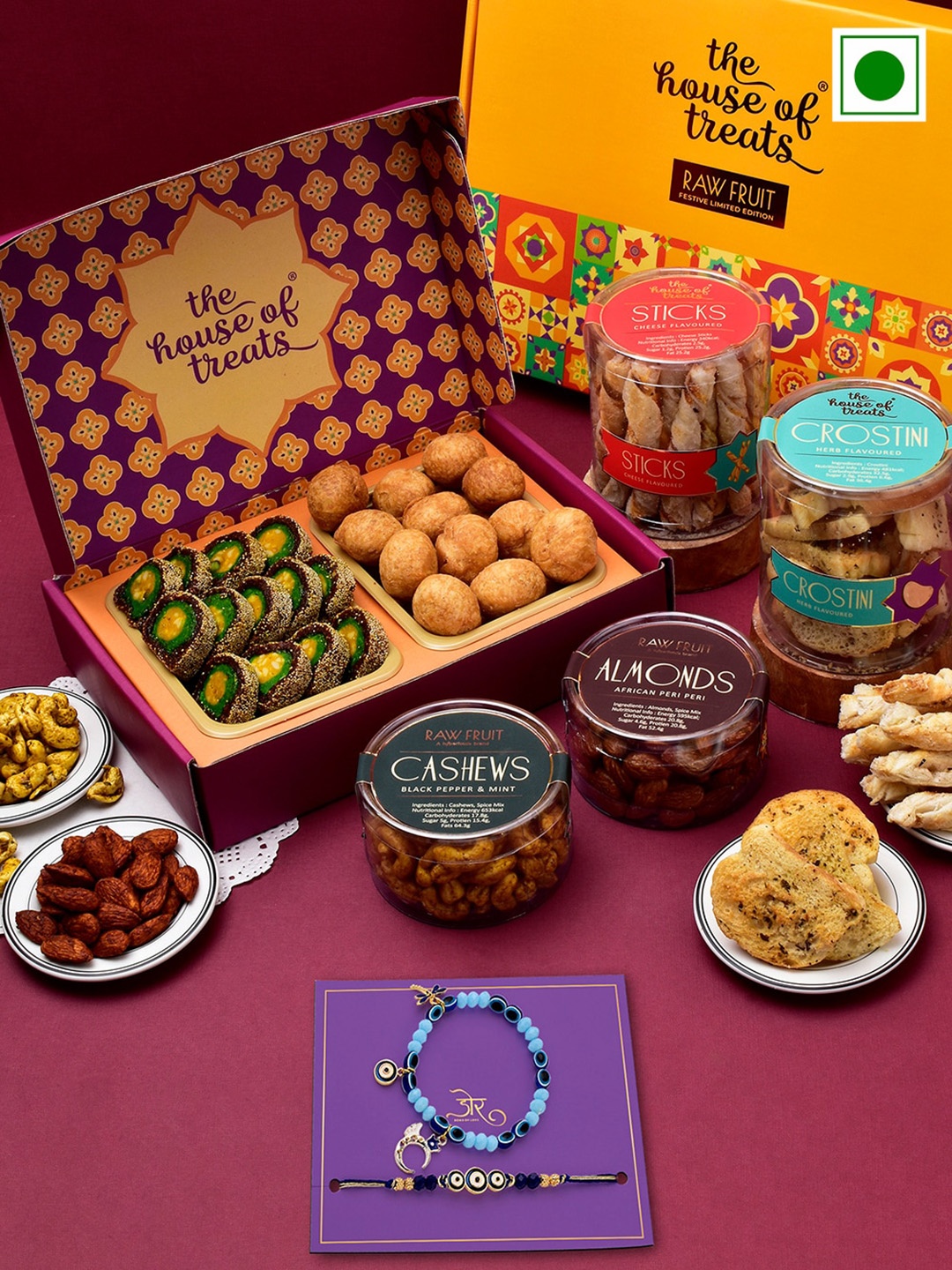 

RawFruit Snacks Sweets And Dryfruit With 2 Bhai Bhabhi Rakhis, Blue
