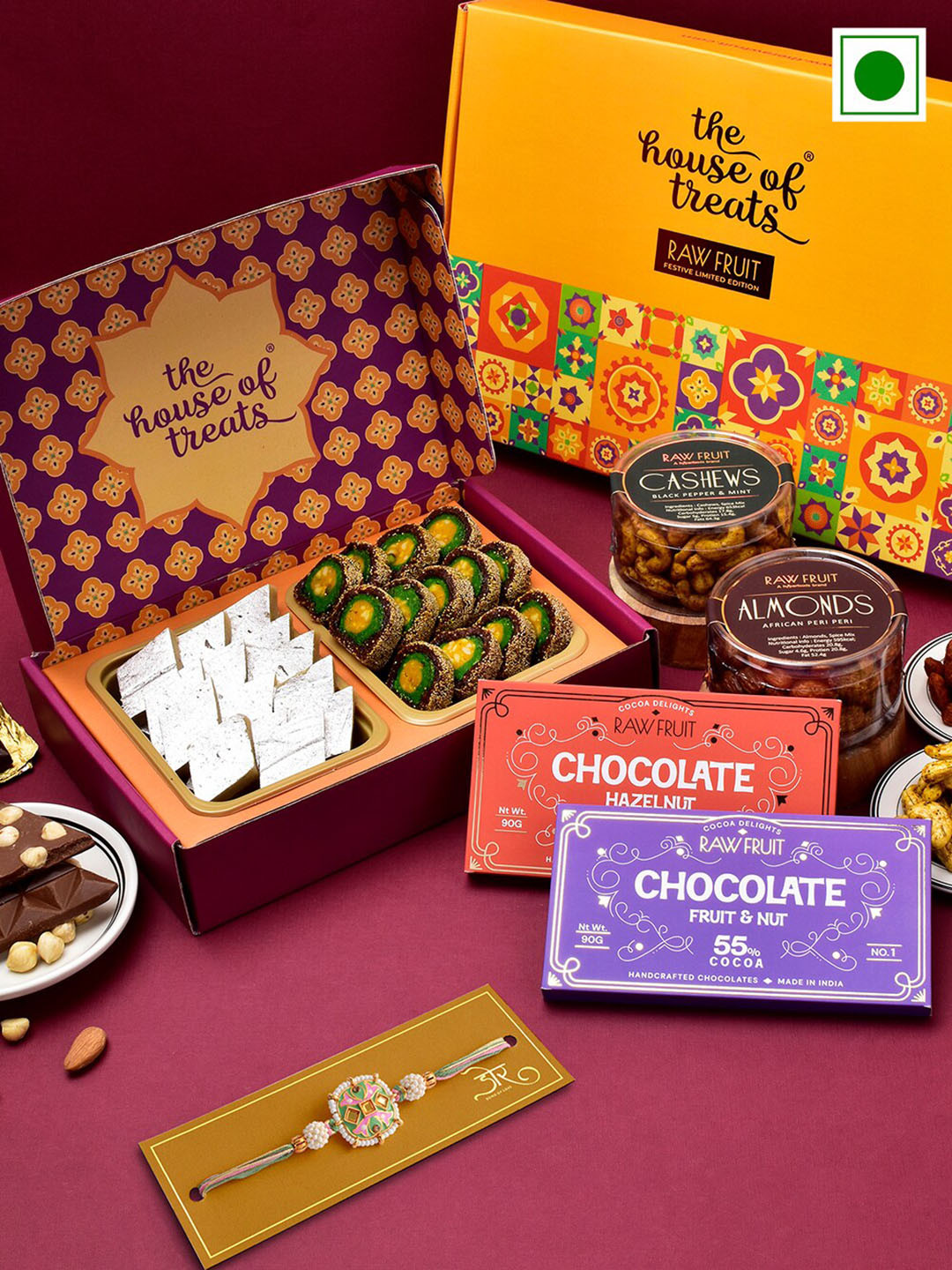 

RawFruit Stone Studded & Beaded Rakhi With Chocolate & Sweeta & DryFruits Gift Set, Green